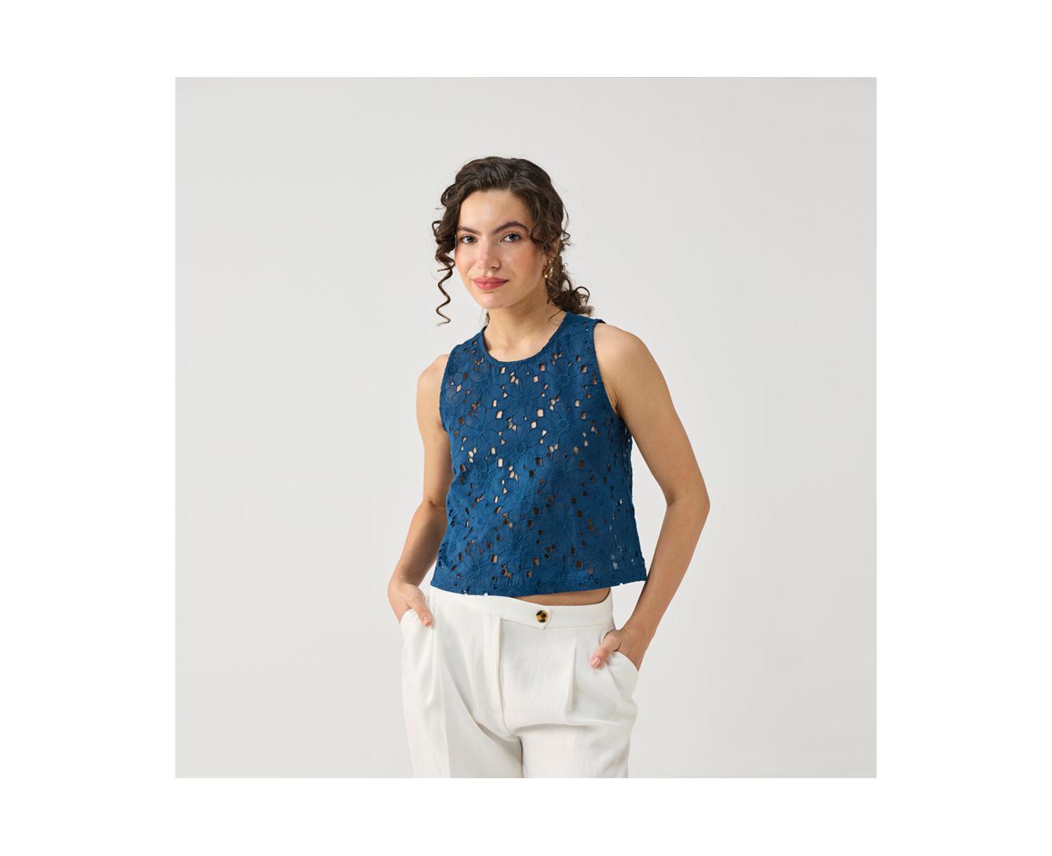 Women's Embroidered Sleeveless Button-Back Top