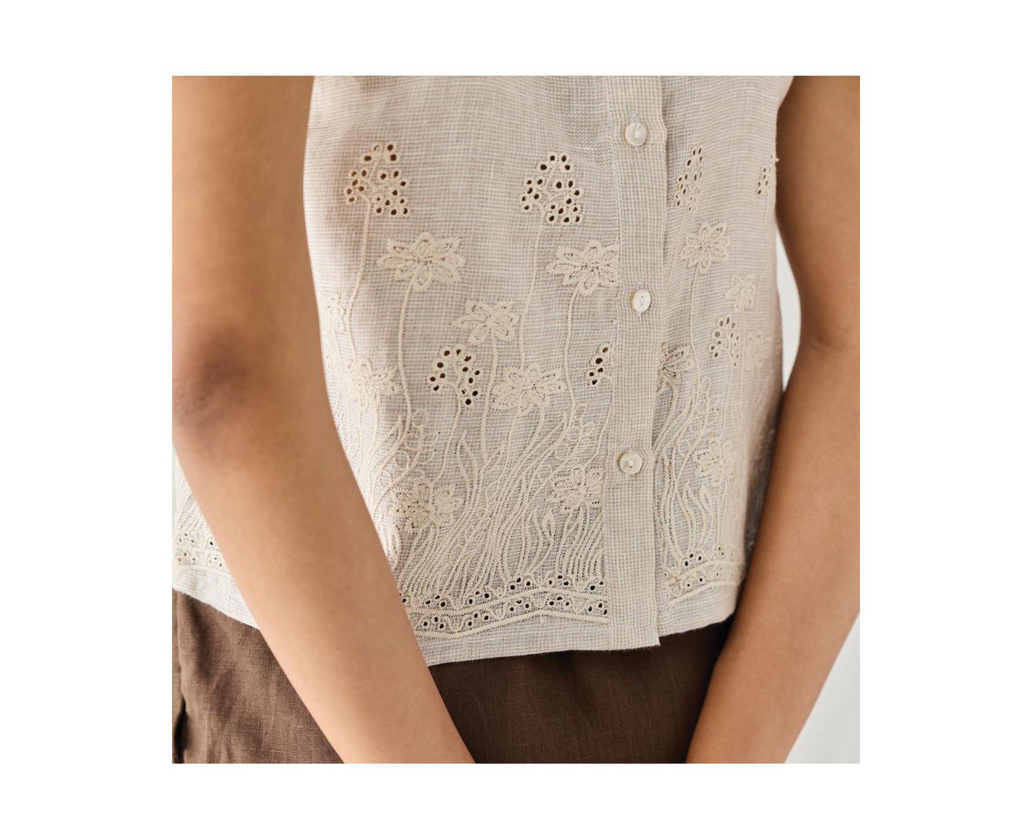 Women's Checkered Linen Embroidered Button-Back Top