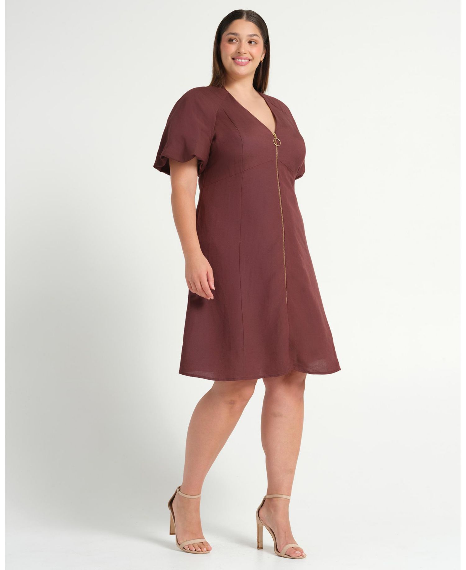 Women's Heather Linen Zip-Front Fit Flare Mini Dress