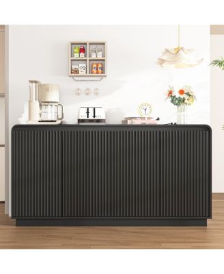 4-Door Fluted TV Stand with Power Outlet and Storage Cabinet