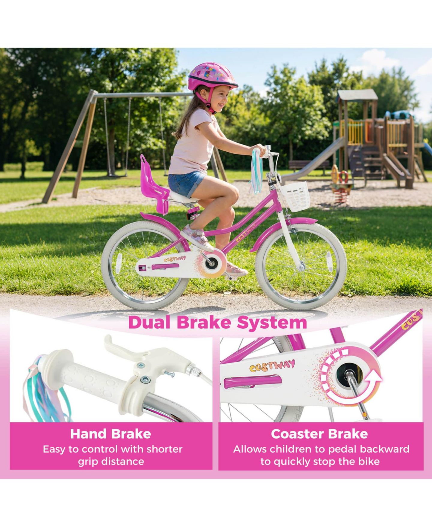 Детская игрушка Costway 20" Girls Bike with Doll Seat and Basket, 166 lbs Capacity, Ages 8+, цвет: Розовый — фото 6