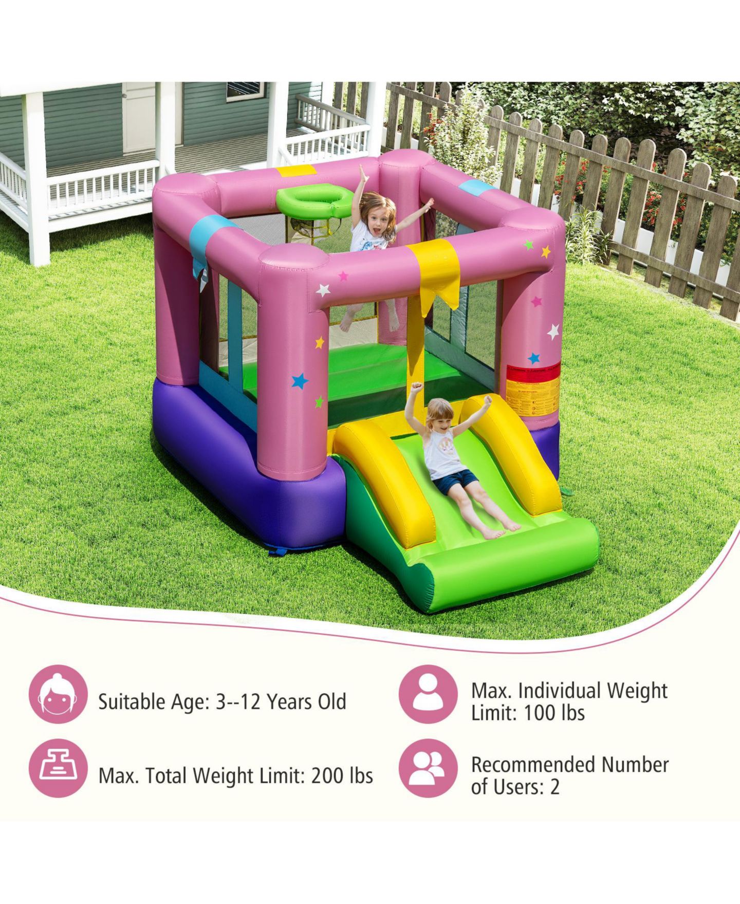 Детская игрушка Slickblue Party Inflatable Bounce House with Slide and 480W Blower, For up to 2 Players, Ages 3-12, цвет: Разноцветный — фото 4