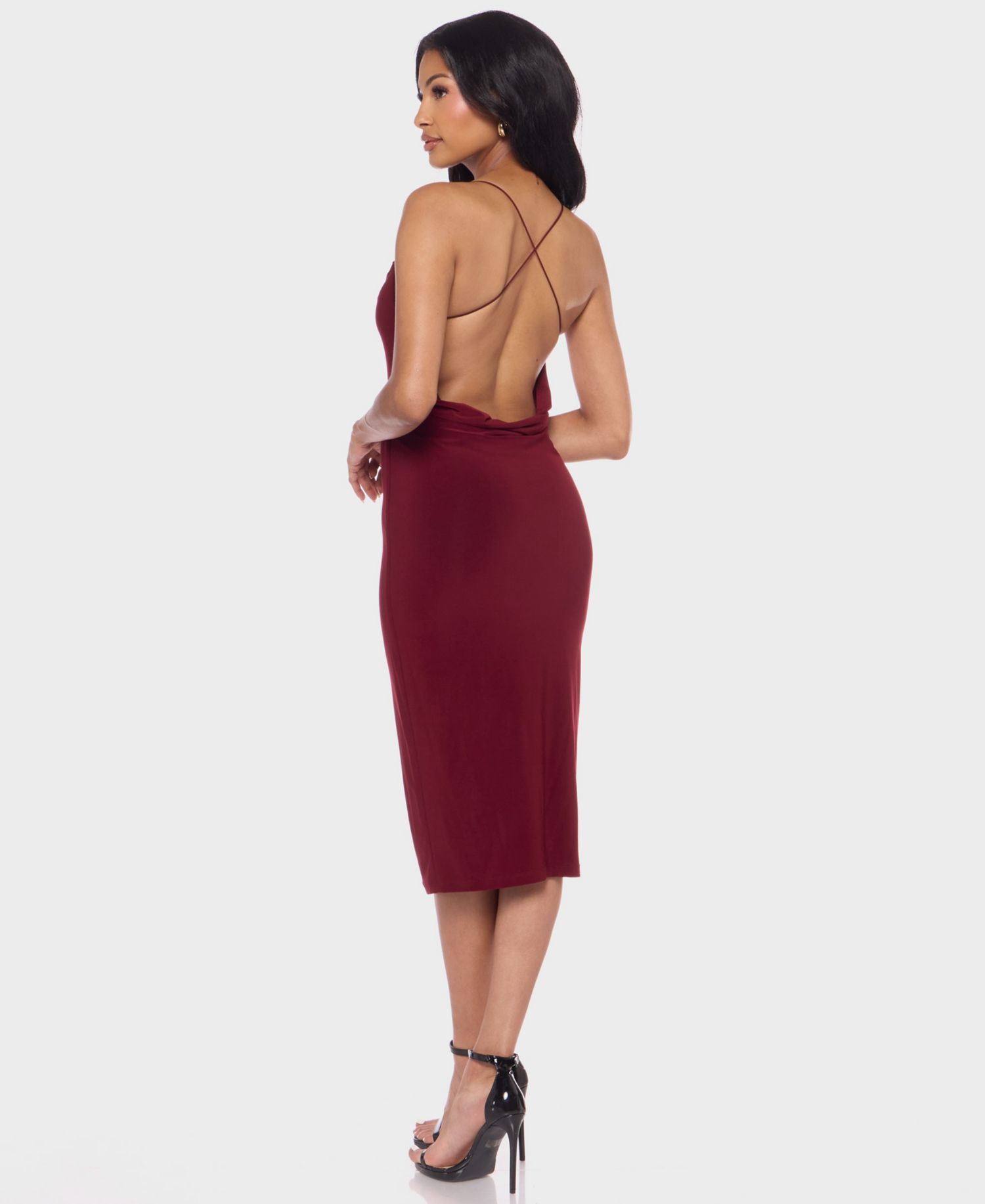 Juniors' Cowl Neck ITY Midi Dress with Bungee Cord Straps