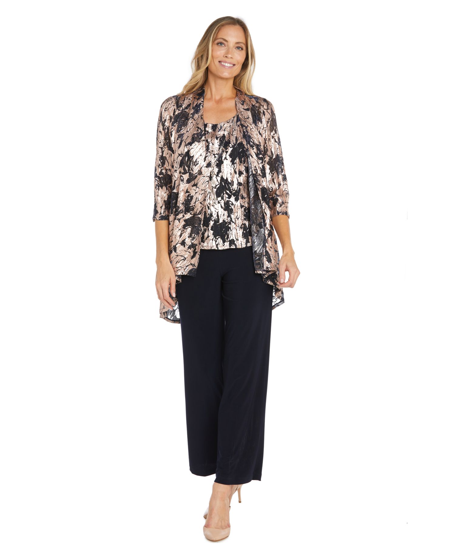 Women's 3-Piece. Metallic Jacquard Jacket, Tank Top & Pant Set