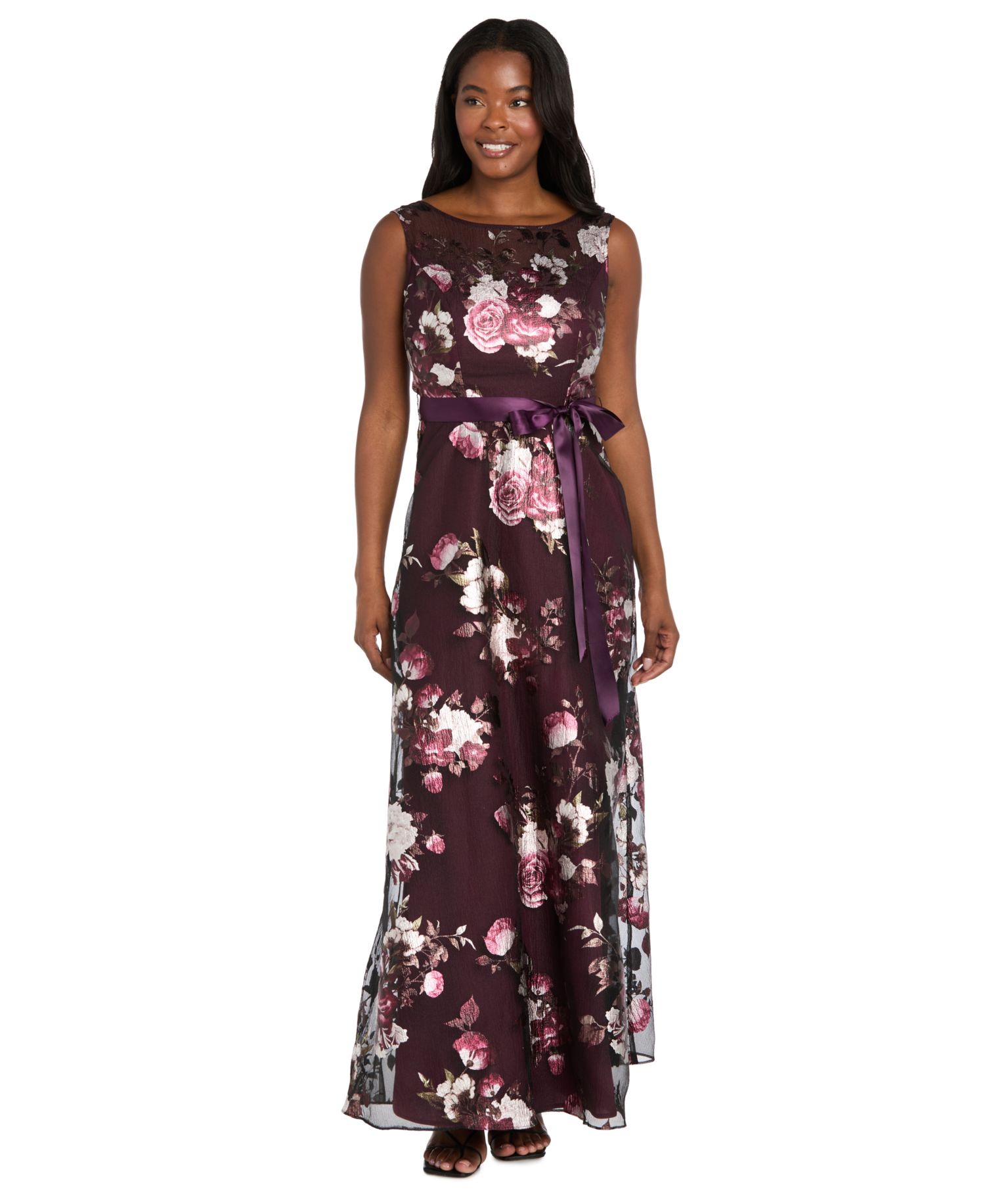 Women's Printed Foil Floral Boat Neck Gown