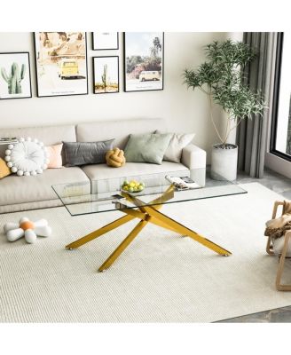 47.2" Rectangular Clear Tempered Glass Coffee Table with Golden Metal Legs