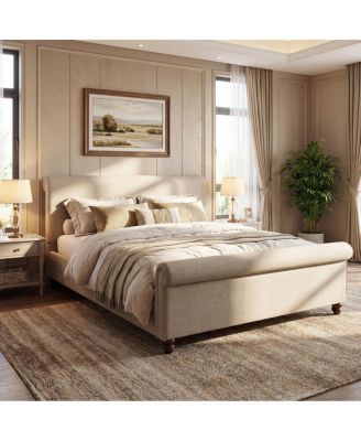 Upholstered Linen Bed Frame with Thick Headboard