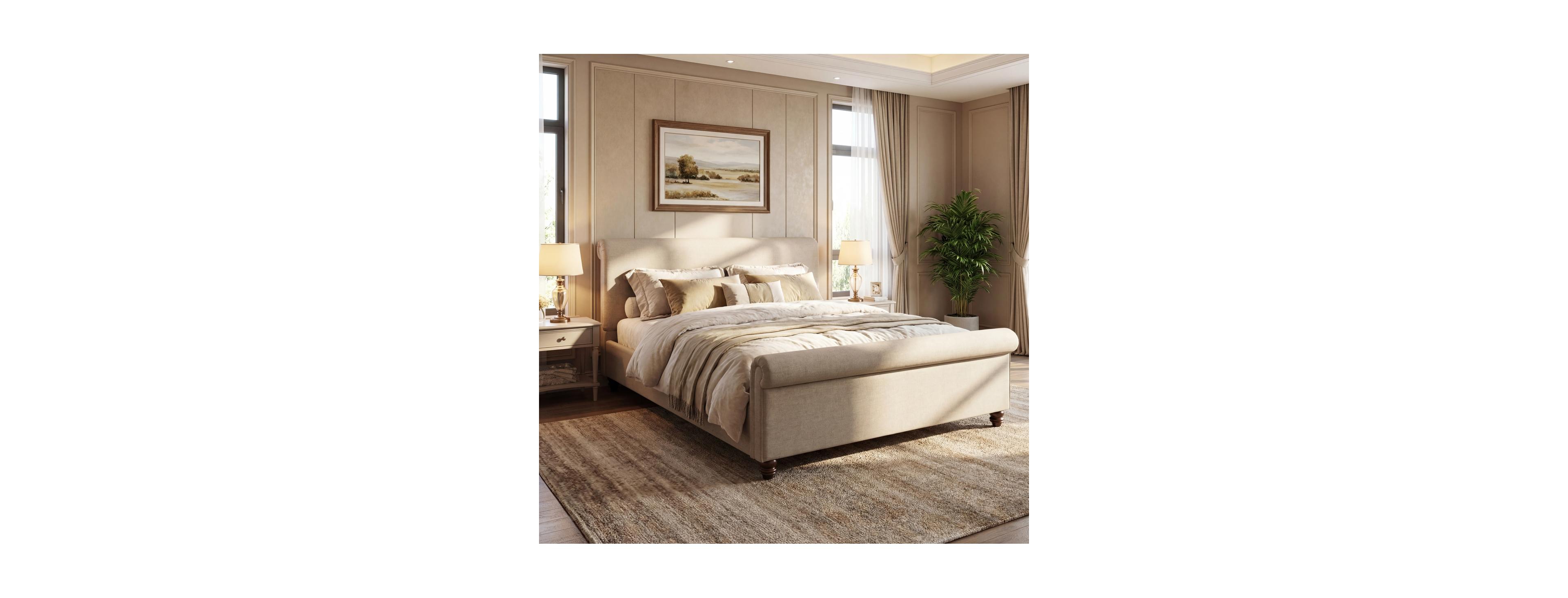 Streamdale Furniture Upholstered Linen Bed Frame with Thick Headboard
