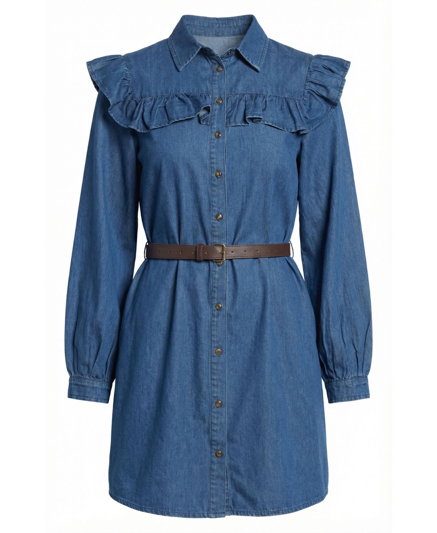 Женское платье Modenaire Ruffled-Collar Belted Shirt Dress, цвет: Средняя варка синий — фото 7