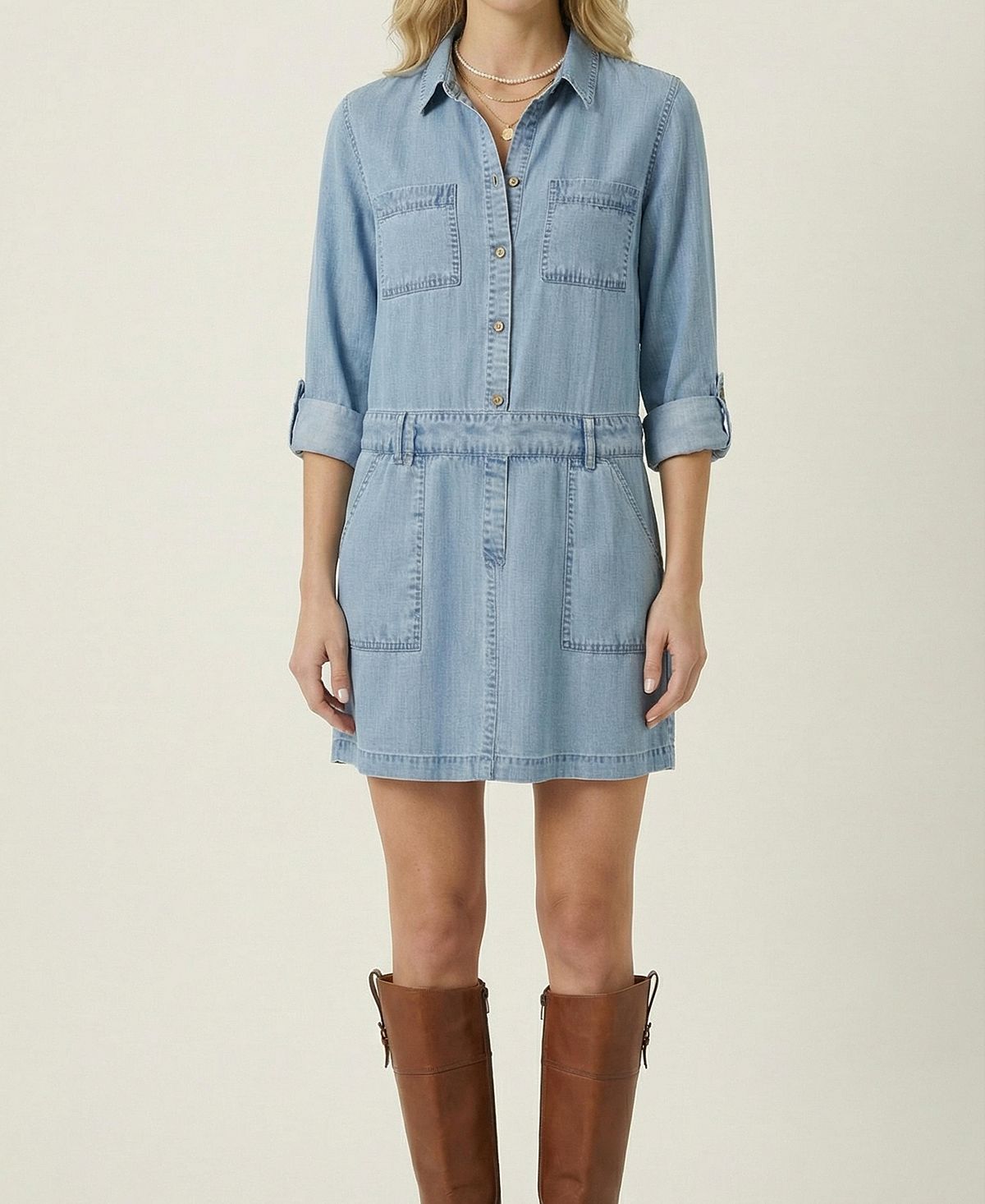 Modenaire Women's Long-Sleeve Button-Front Denim Mini Dress view 7 — MAYCSS fashion products