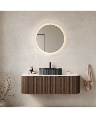 Wall Mounted Bathroom Vanity with Sintered Stone Top, Oval Sink, Stripe Drawer, Pre-assembled