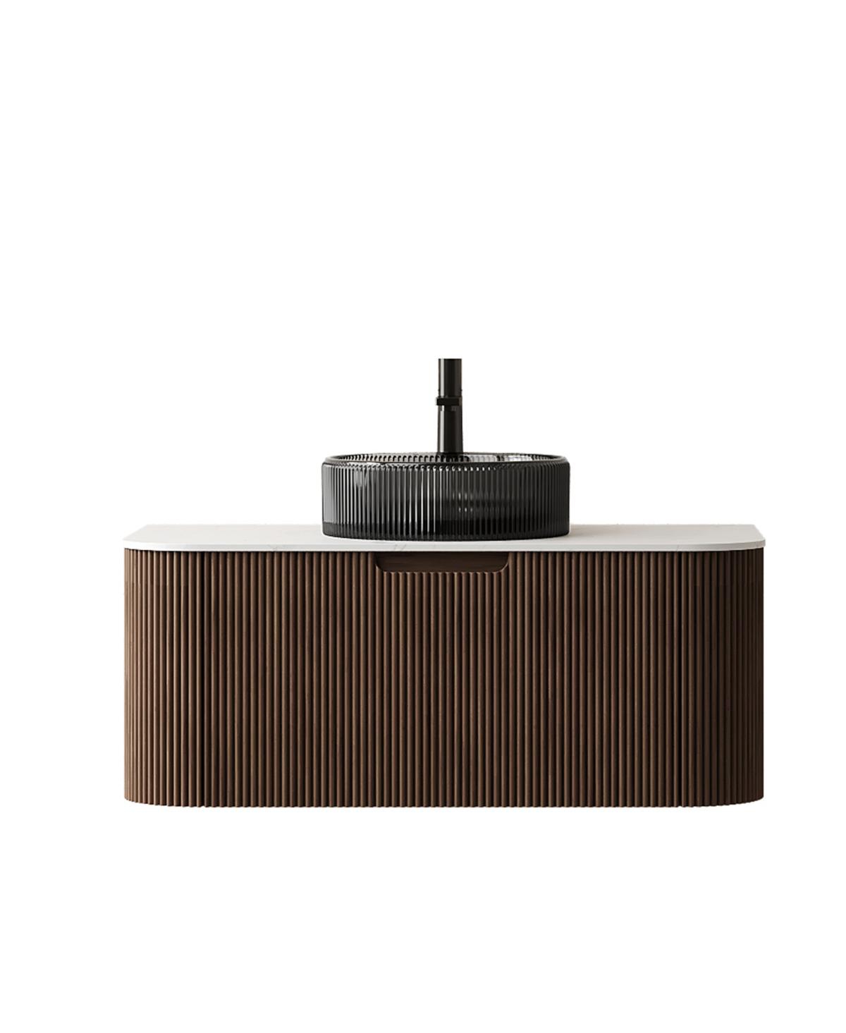 Sillysis Wall Mounted Bathroom Vanity with Crystal Glass Vessel Sink, Wood Grain Cabinet