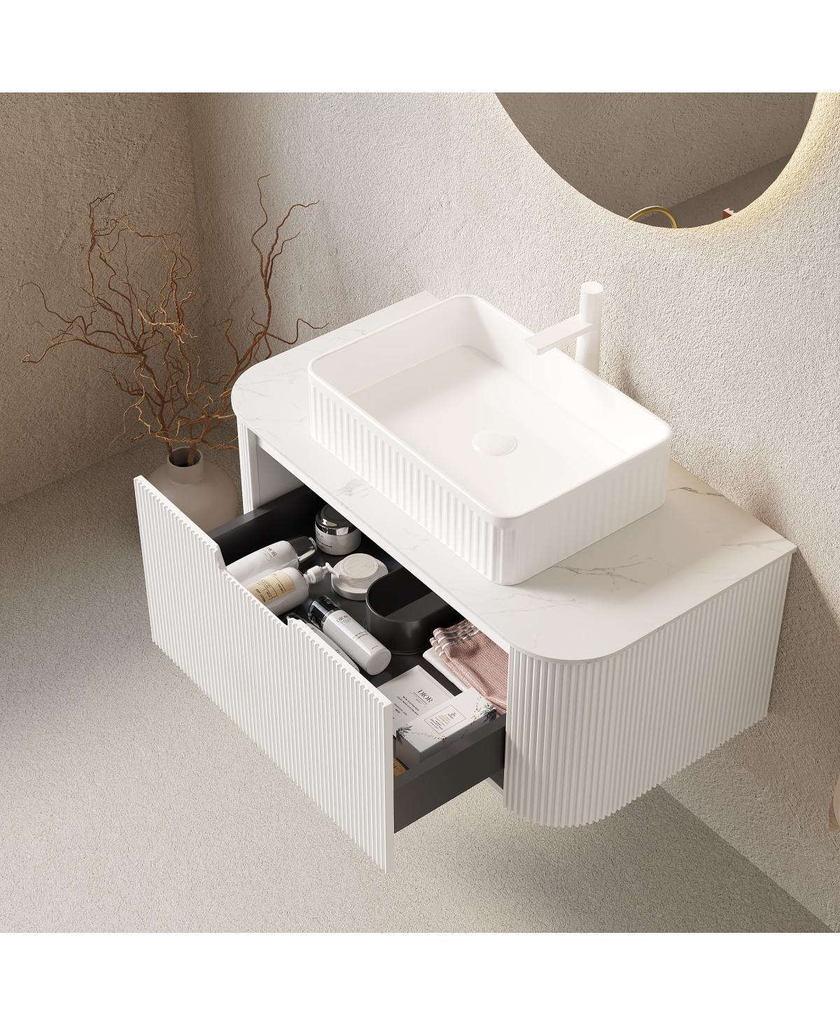 Sillysis Wall Mounted Bathroom Vanity with Rectangular Ceramic Basin, Sintered Stone Top, Stripe Panel