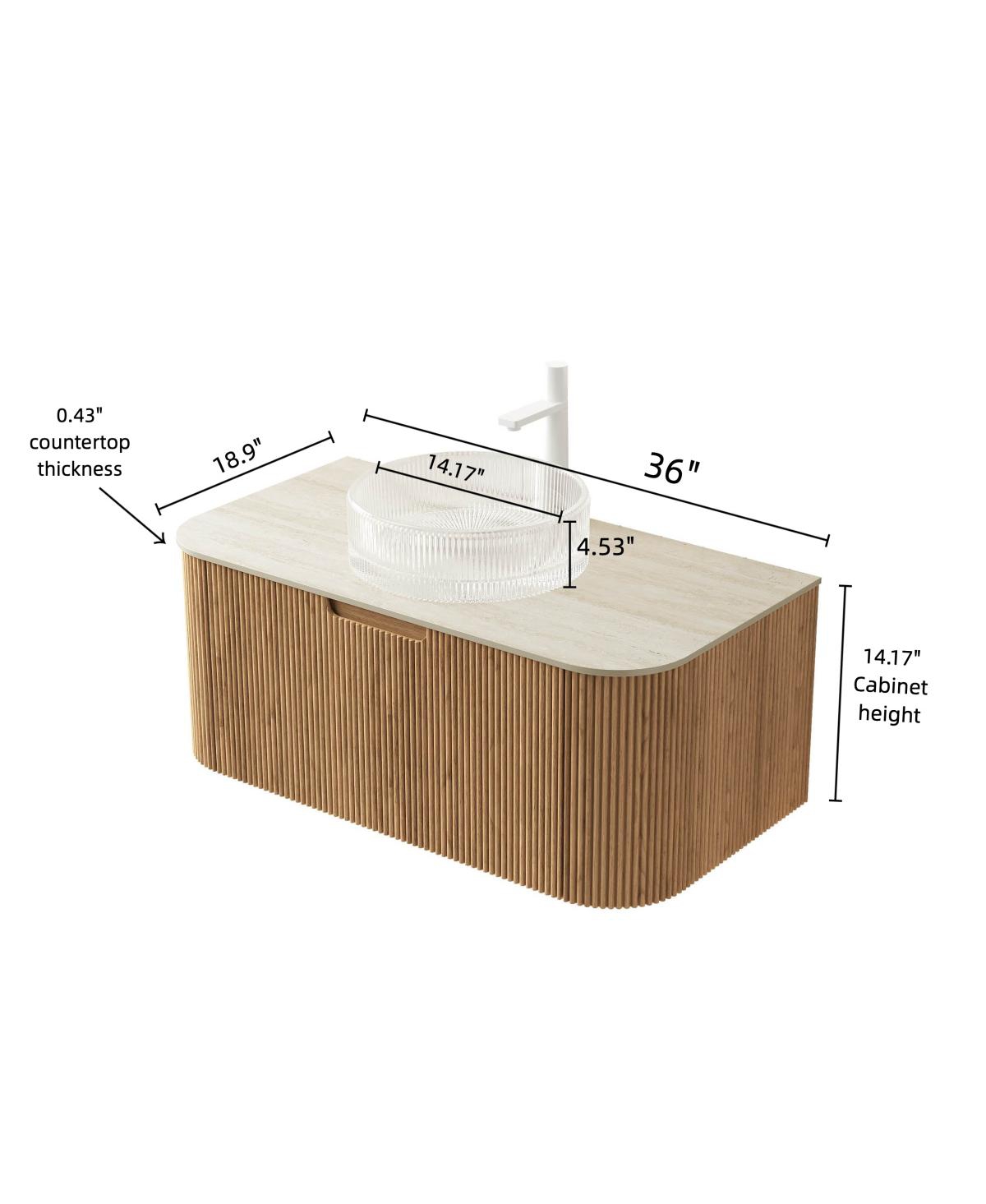 Sillysis Wall Mounted Bathroom Vanity with Crystal Glass Round Sink, Wood Grain Cabinet, Sintered Stone Top