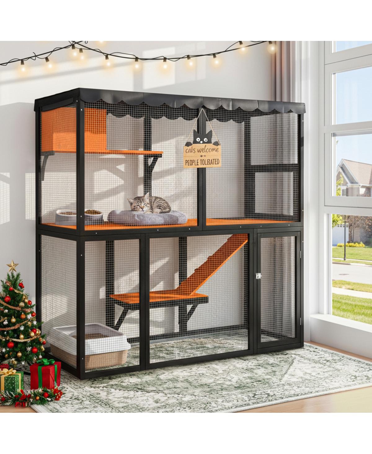 Streamdale Furniture Wooden Outdoor Catio Enclosure with Waterproof Cover and 4-Tier Ramp