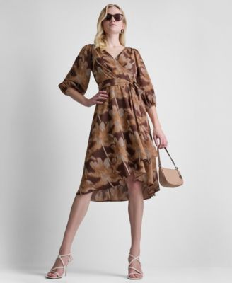 dkny balloon sleeve chiffon midi dress Donna Karan DKNY by Donna Karan Chiffon 3/4 Balloon Sleeve Asymmetrical  Skirt Midi Dress