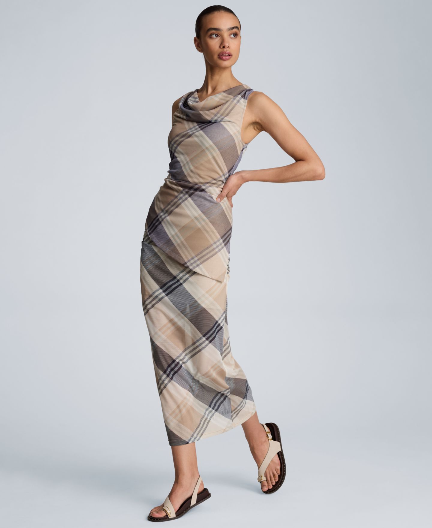 Женская юбка Kenneth Cole Side Ruched Mesh Plaid Midi, цвет: Песочный рыжевато-коричневый — фото 4