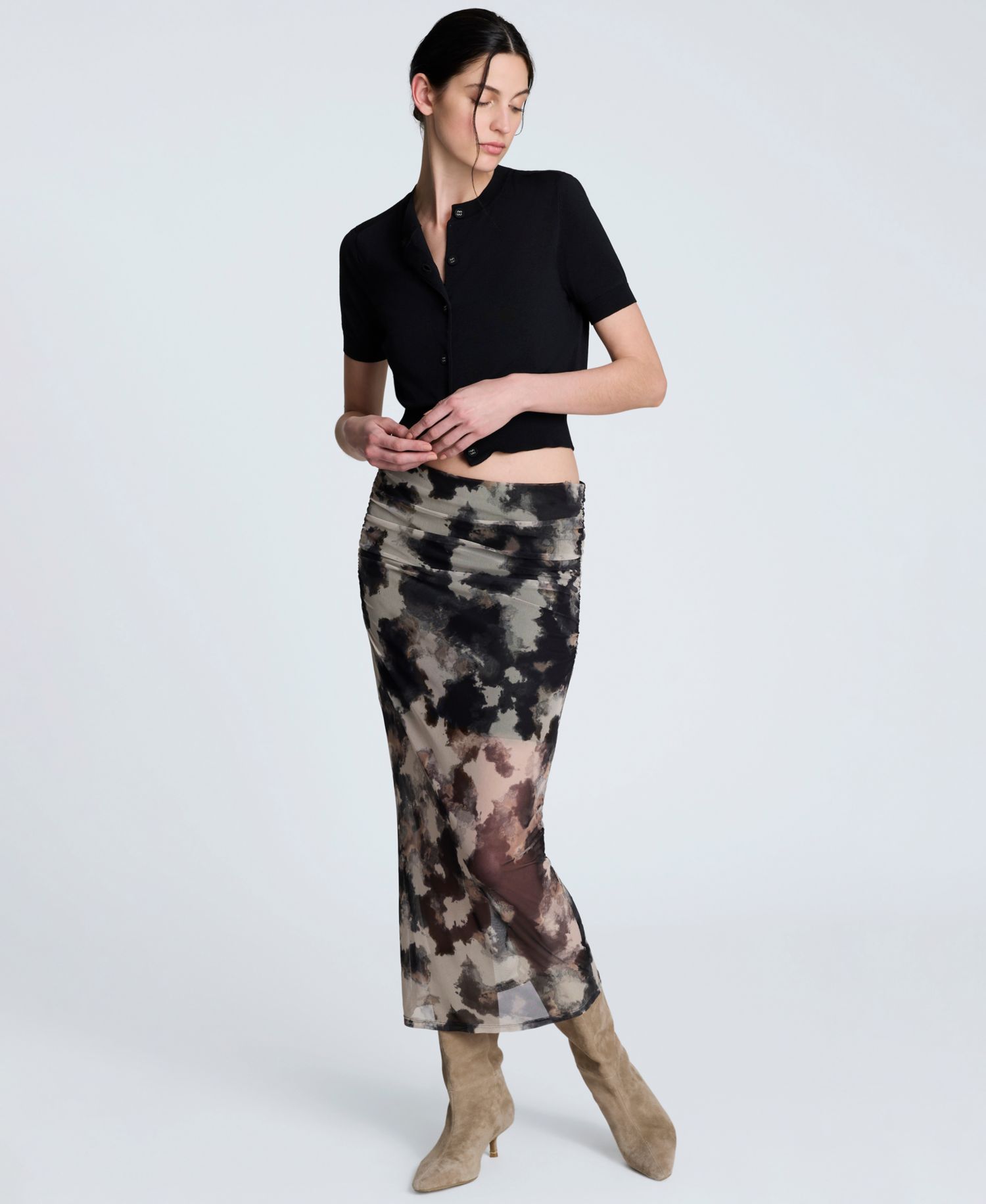 Women's Side Ruched Printed Mesh Midi Skirt
