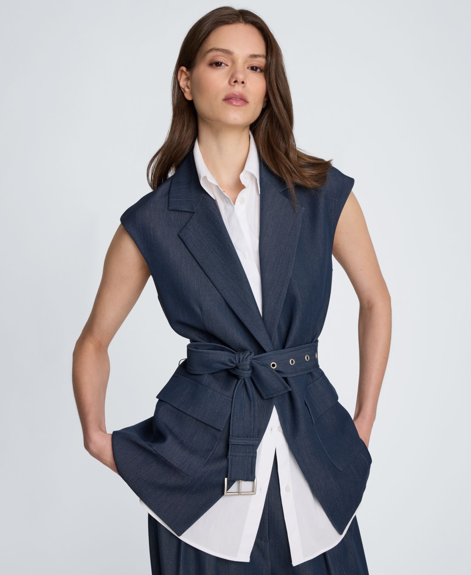 Women's Belted Notch Collar Vest with Detachable Shirt