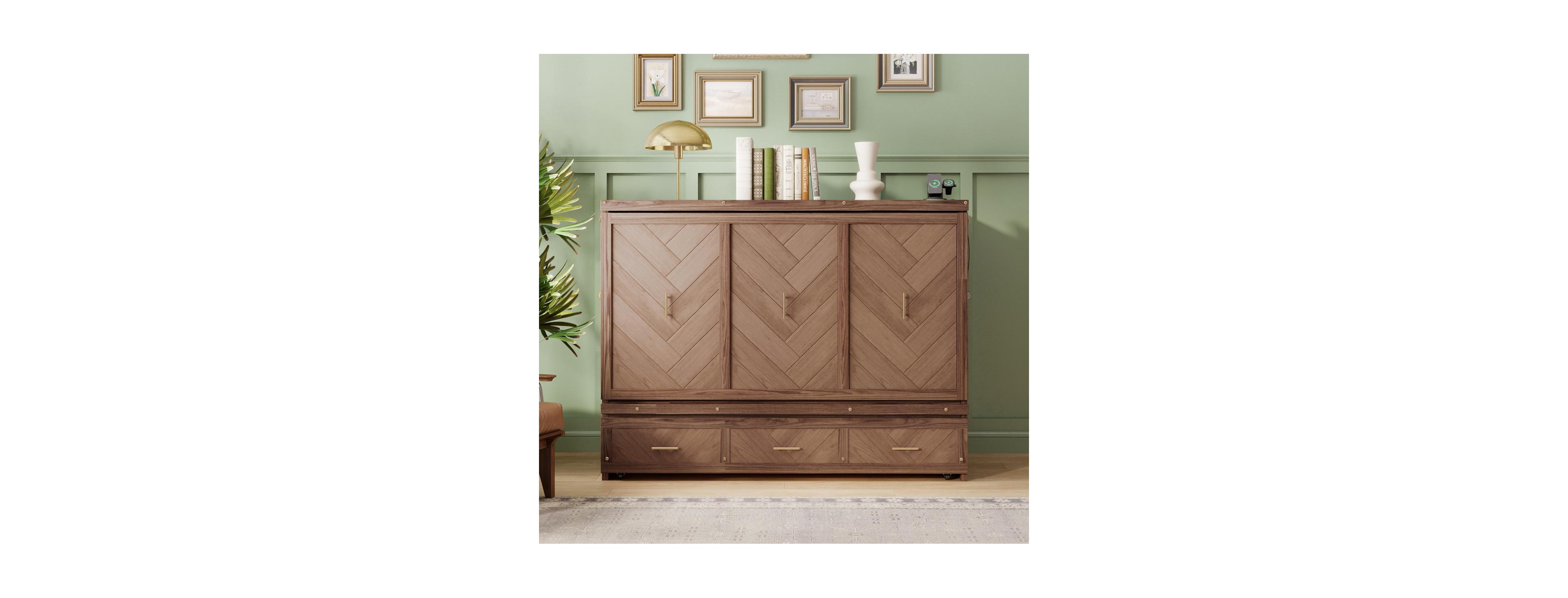 Streamdale Furniture Queen Size Pine Wood Murphy Bed with Usb Charging Station
