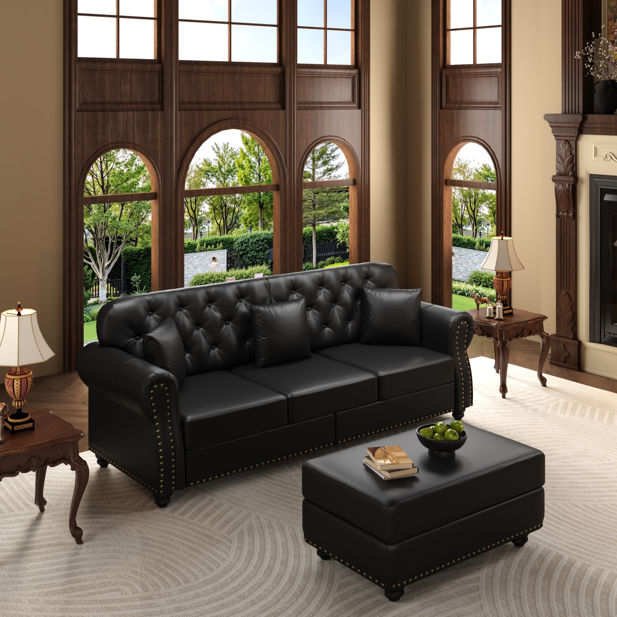 Streamdale Furniture 82.6" Faux Leather Chesterfield Sofa with Nailhead Trim and 3 Pillows