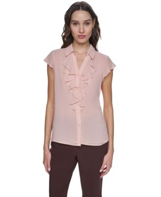 Petite Collared Ruffle-Front Top