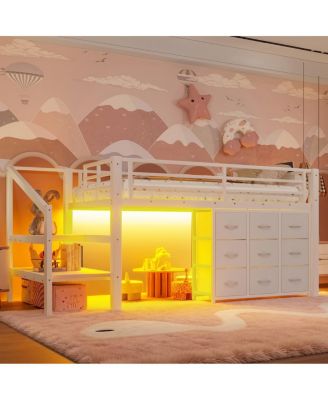 Twin Low Loft Bed with Storage Stairs, Fabric Drawers, and Shelves