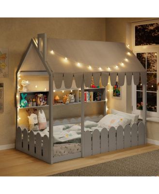 Twin Montessori House Bed with Fence, Storage and Lights