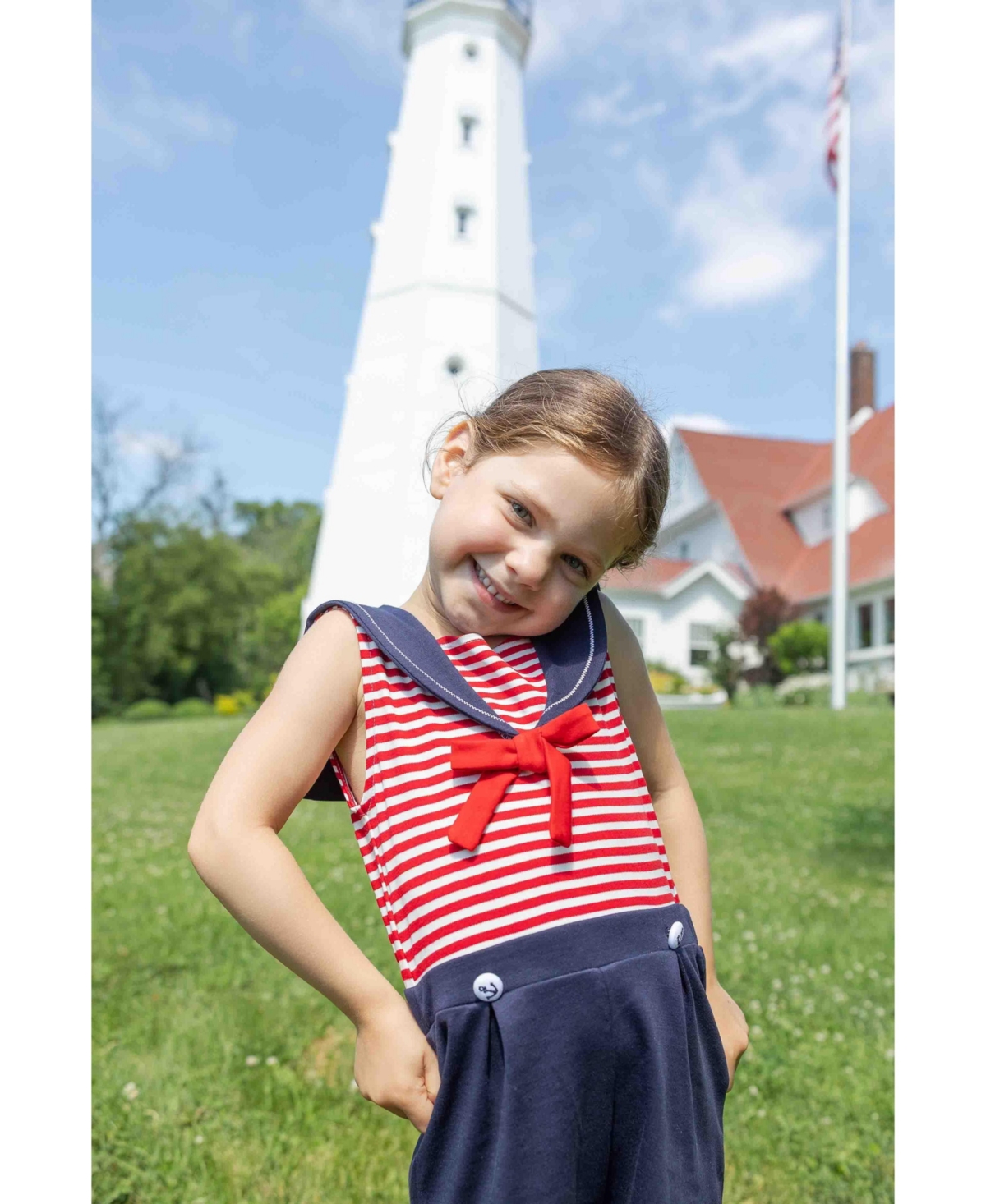 Florence Eiseman Big Girl Stripe Knit Shorts Romper With Sailor Collar