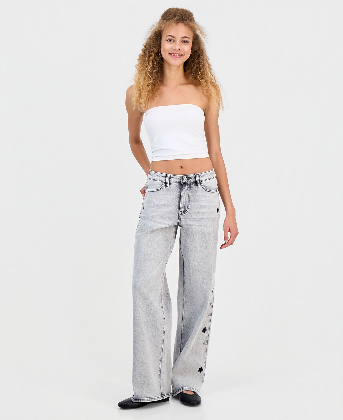 Madden Girl Juniors' Star Stud Mid Rise Wide Leg Jeans view 1 — MAYCSS fashion products