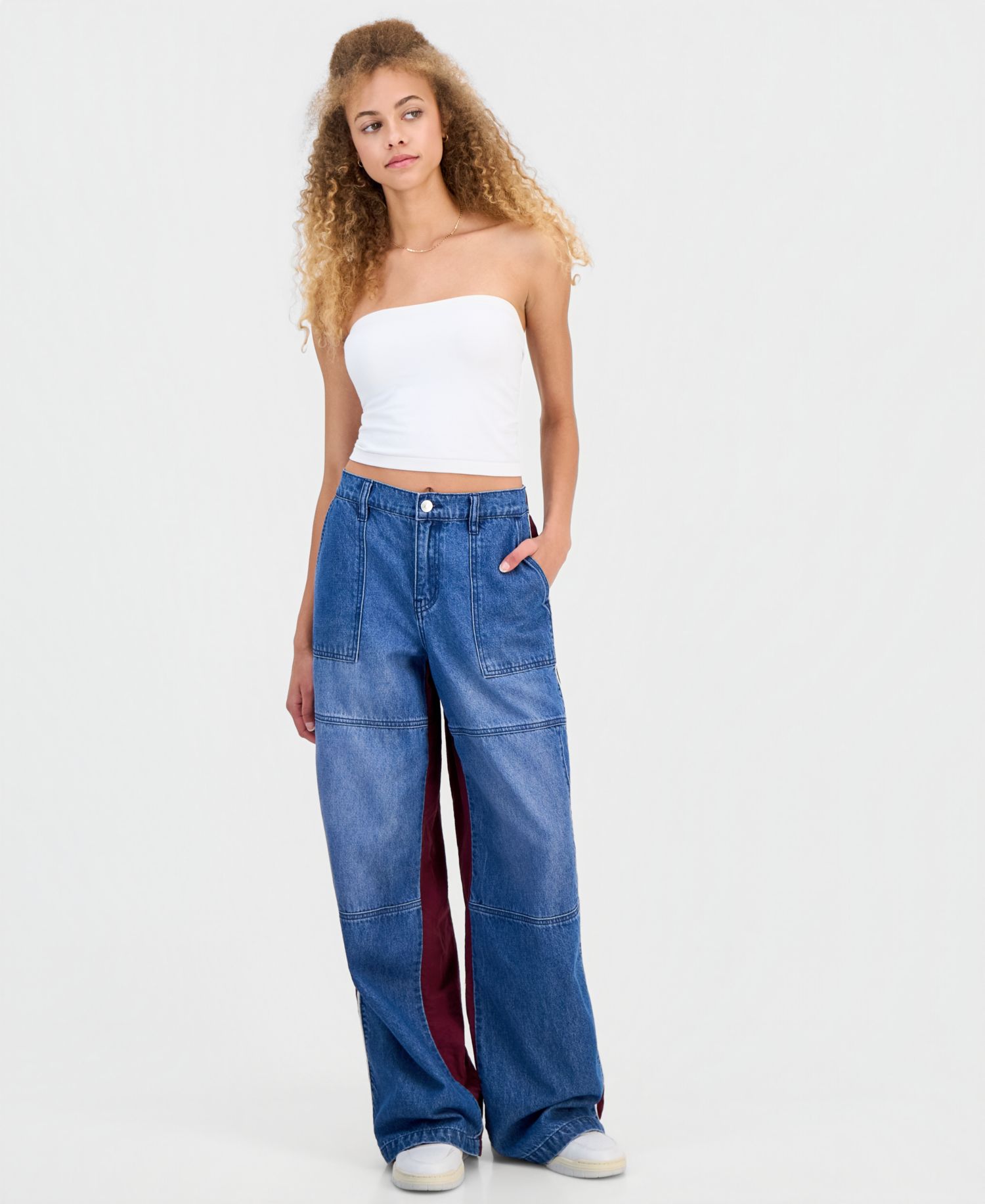 Juniors' Mixed Materials Wide Leg Jeans