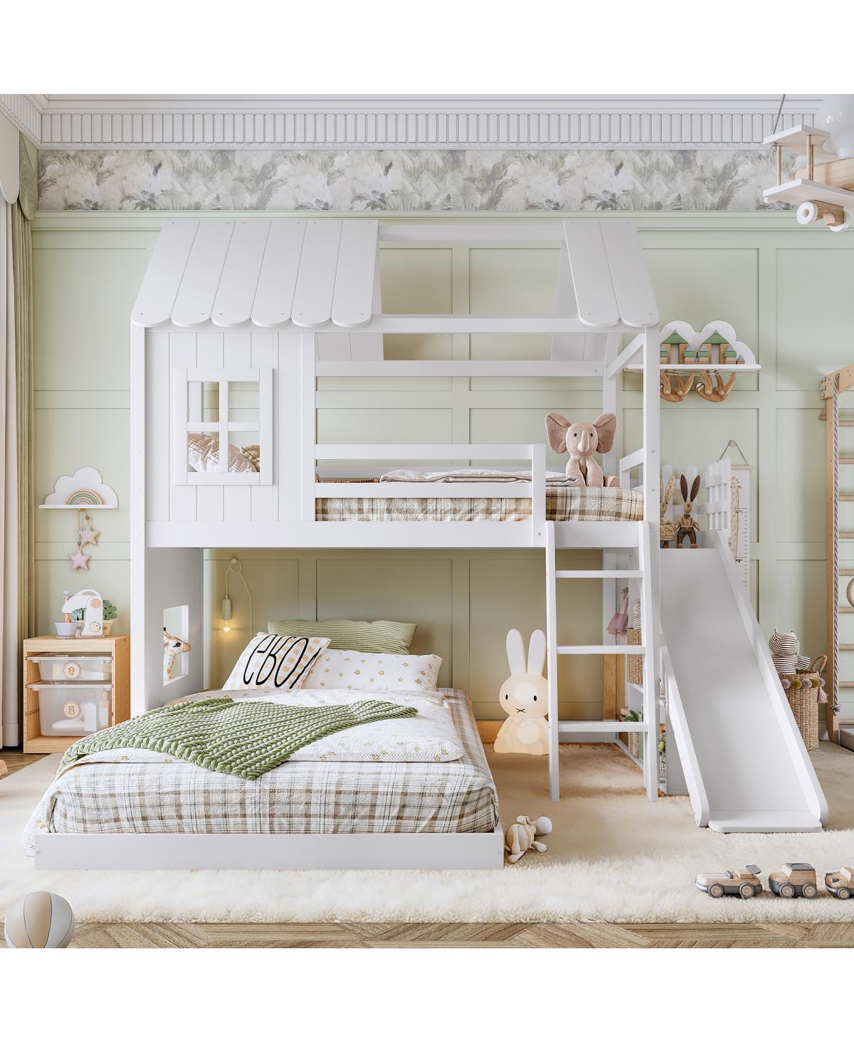 Streamdale Furniture Twin over Full House Bunk Bed with Slide, Storage, and Wardrobe