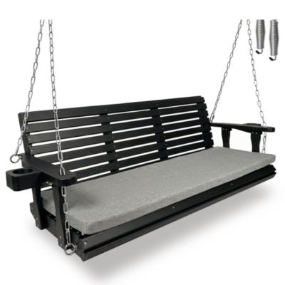 5.5 Ft Extended Solid Wood 3-Person Outdoor Porch Swing, Heavy-Duty Hanging Patio Bench with Cushion and Cup Holders, Pure White
