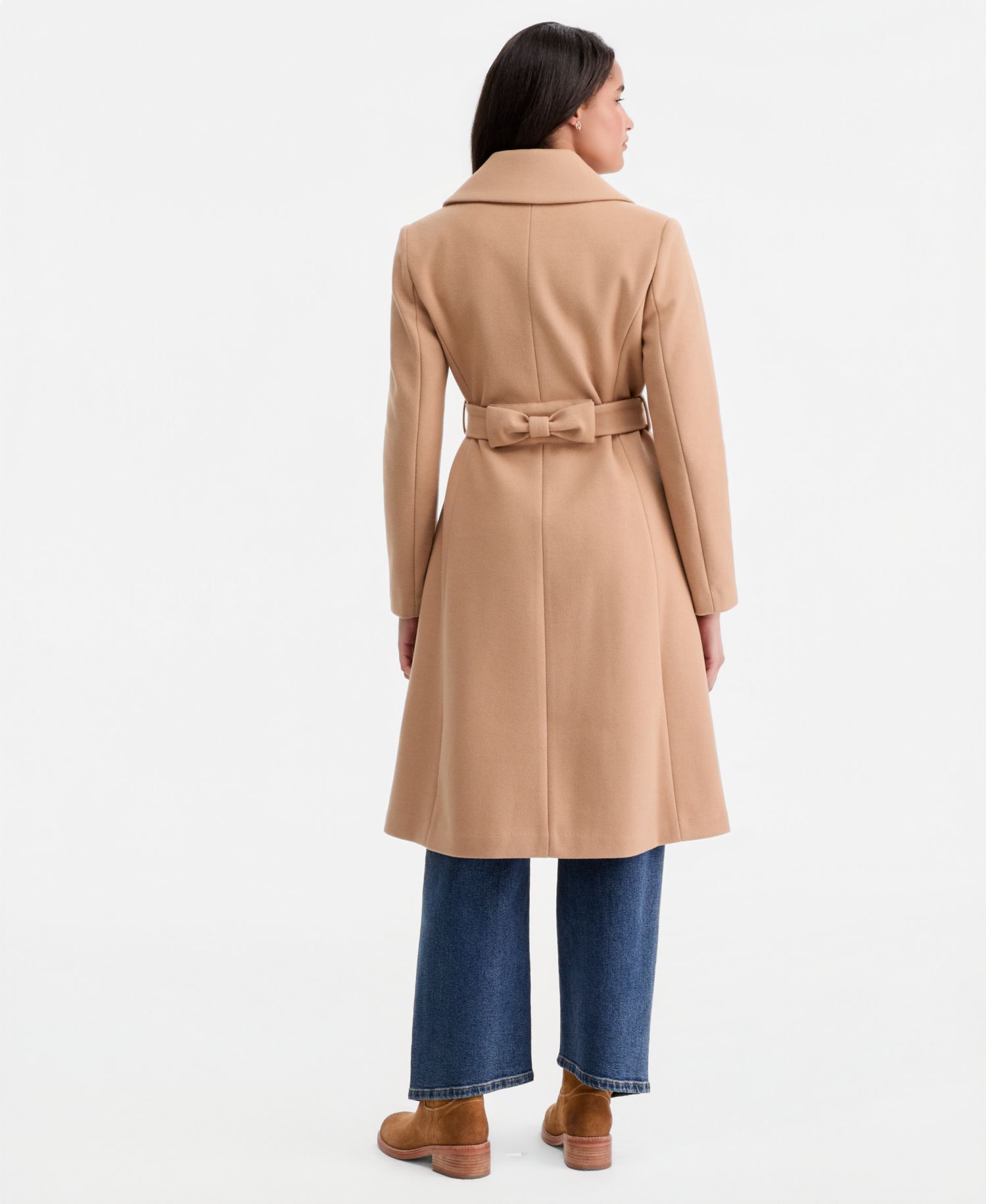 Petite Double-Breasted Belted Bow Back Coat