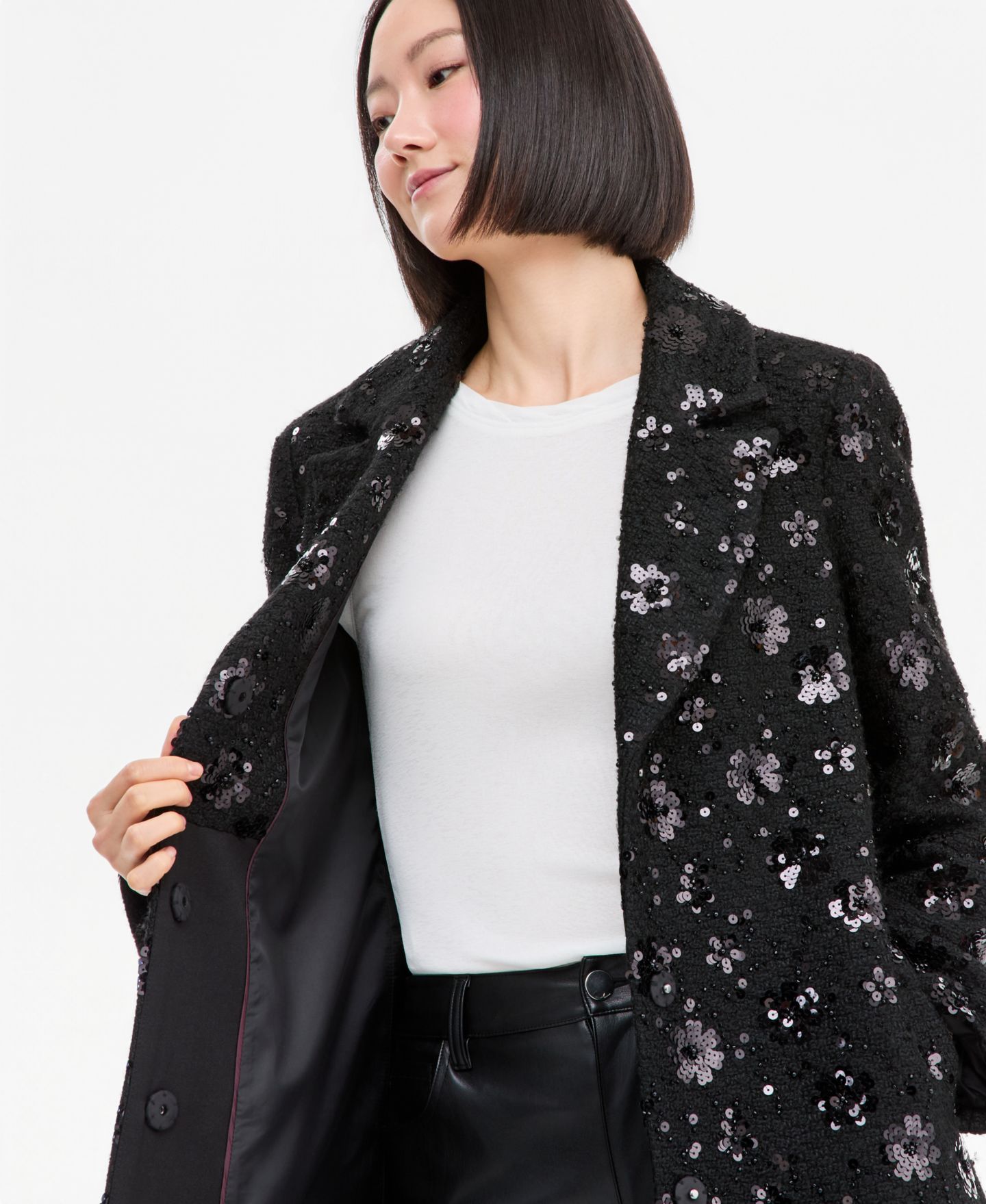 Женское пальто CeCe Sequin Floral Notch-Collar Coat, Created for Macy's, цвет: Чёрный — фото 3