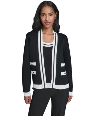 Petite Open-Front Long-Sleeve Knit Cardigan with Contrast Trim