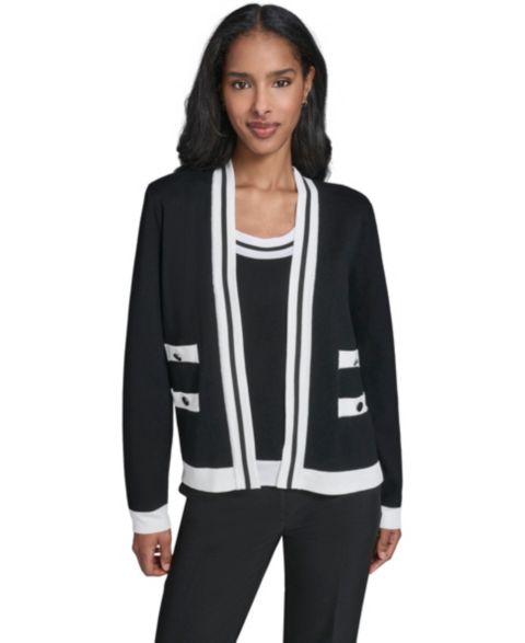 Женский кардиган KARL LAGERFELD PARIS Petite Open-Front Long-Sleeve Knit Cardigan with Contrast Trim, цвет: Чёрный / Мягкий белый