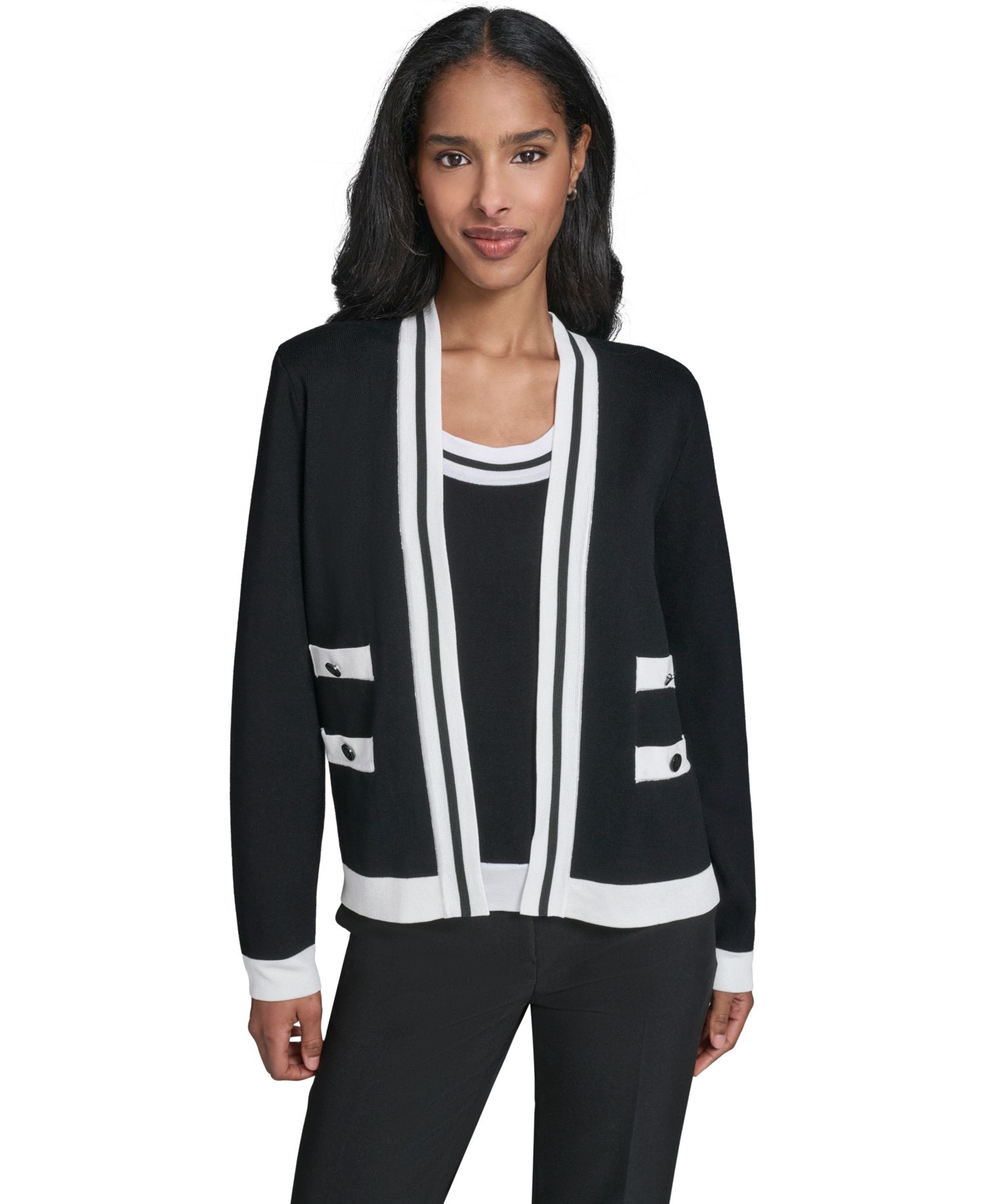 Petite Open-Front Long-Sleeve Knit Cardigan with Contrast Trim
