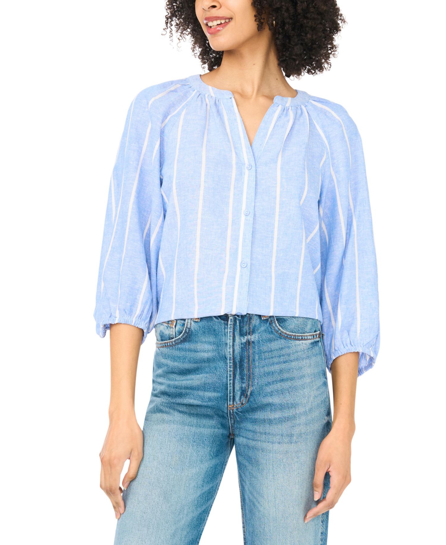 Women's V-Neck Raglan-Sleeve Button-Down Blouse