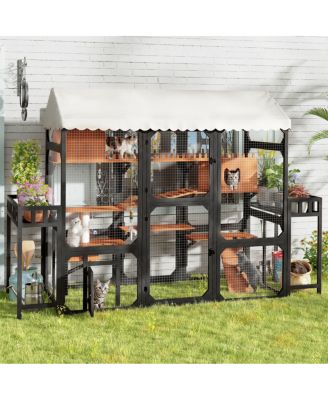  Large Wooden Outdoor Catio with Multi-Level Playpen and Weather-Resistant Roof