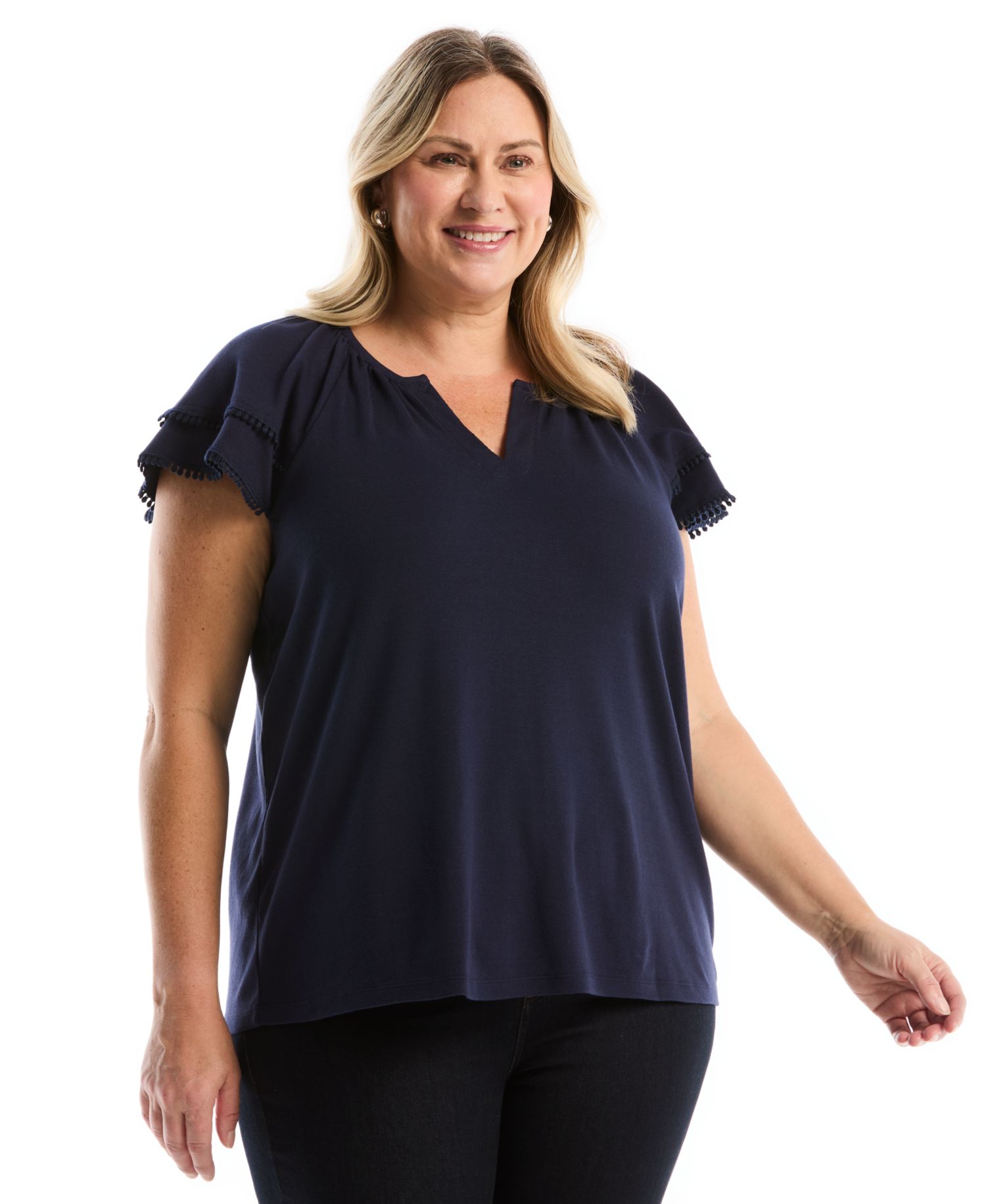 Plus Size Eyelet Flutter-Sleeve Split Neck Short-Sleeve Top