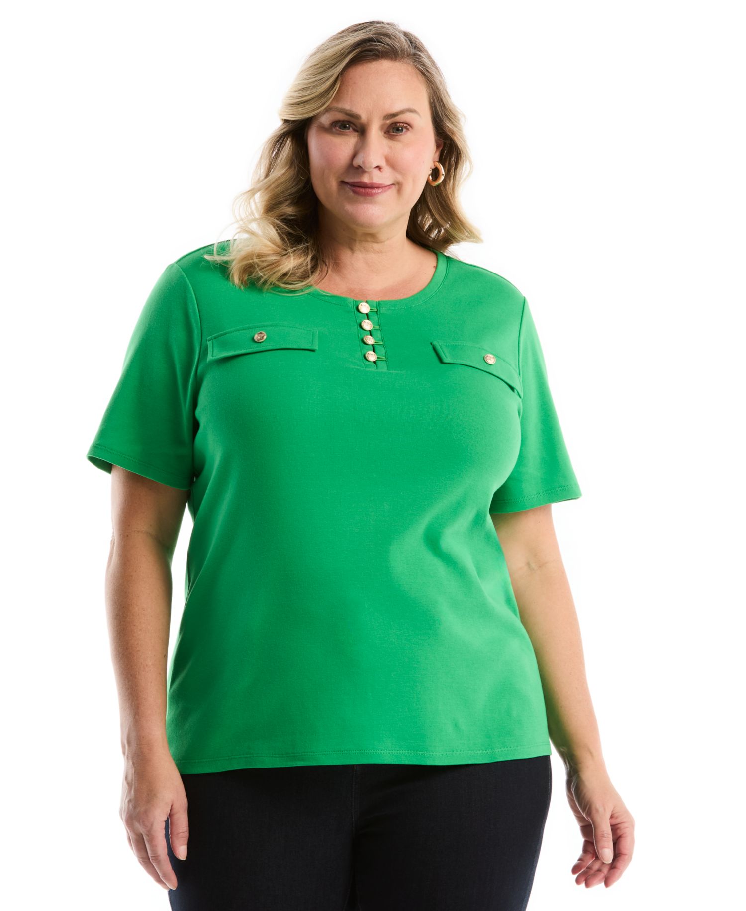 Plus Size Welt Pocket Button Detail Short-Sleeve Top