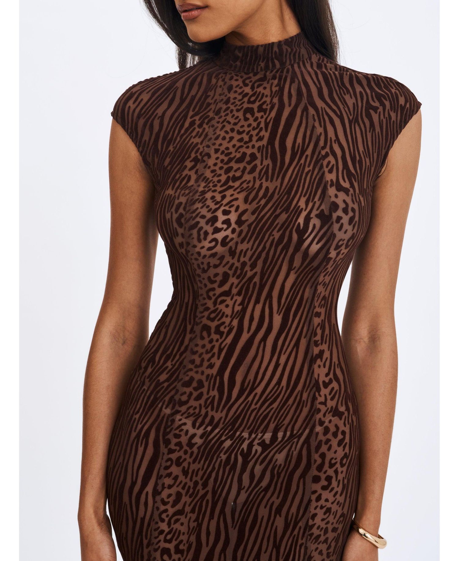 Women's Tyanna Mocha Burnout Velvet Mesh Backless Mermaid Maxi Dress