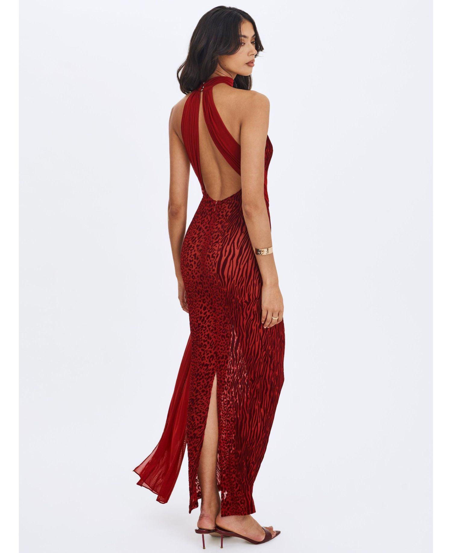 Women's Cerise Scarlet Burnout Velvet Multiwear Mesh Ribbon Maxi Dress