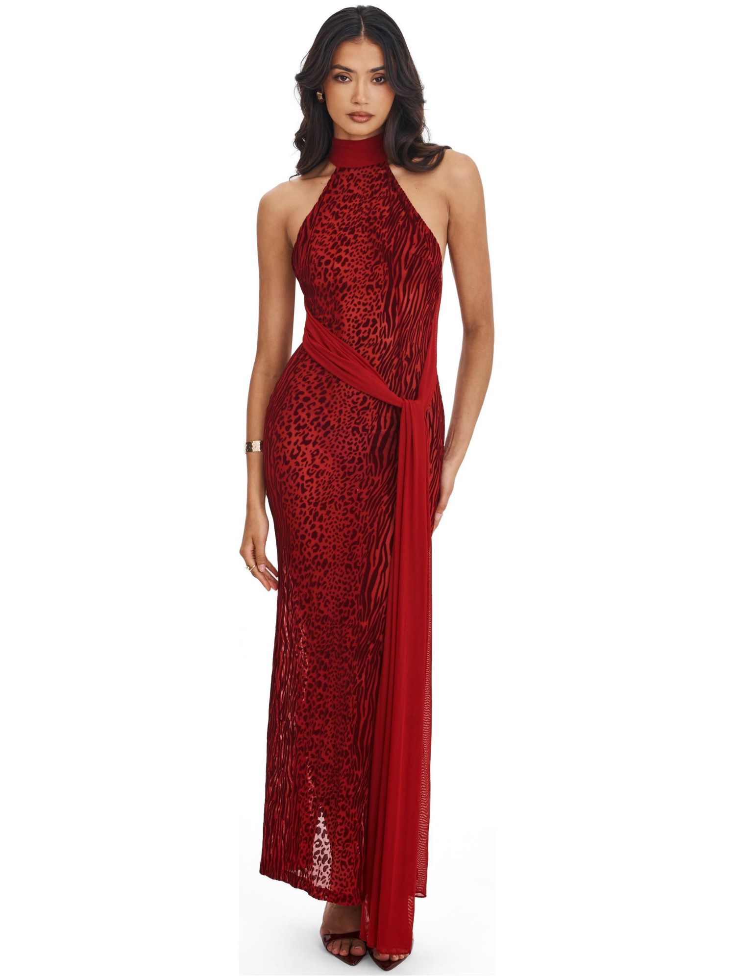 Women's Cerise Scarlet Burnout Velvet Multiwear Mesh Ribbon Maxi Dress
