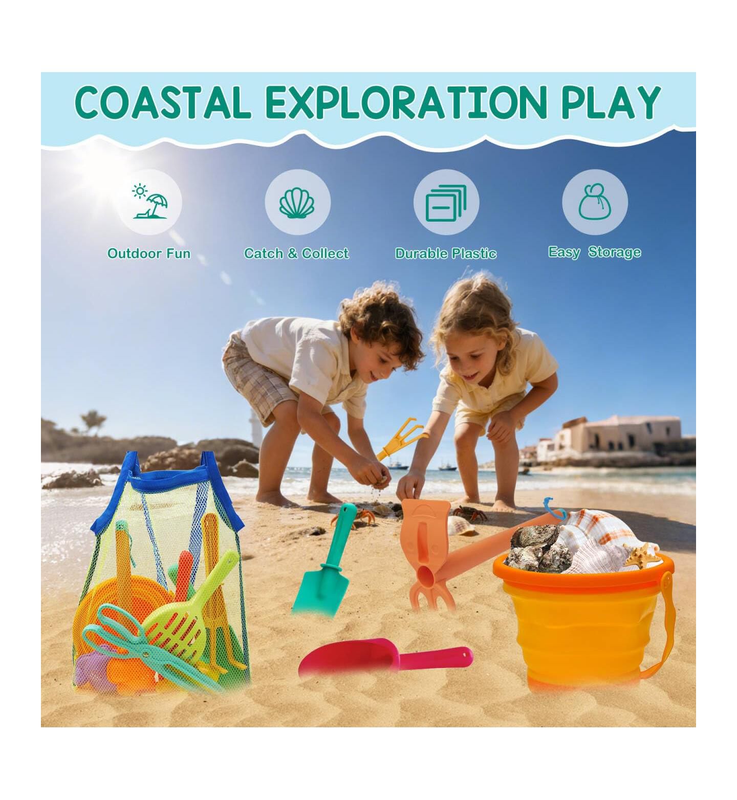 Детские игрушки GNUADZ 11-Piece Beach Sand Toys Set with Foldable Bucket and Mesh Bag, Ages 2+, цвет: Разноцветный — фото 4