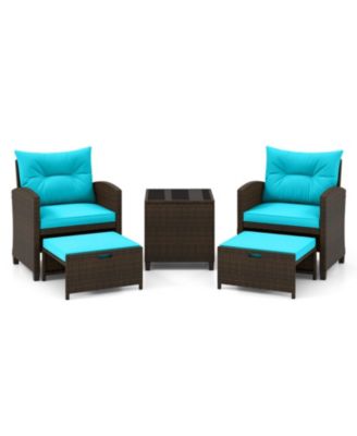 5-Piece Patio Rattan Furniture Set with 2 Ottomans and Tempered Glass Coffee Table