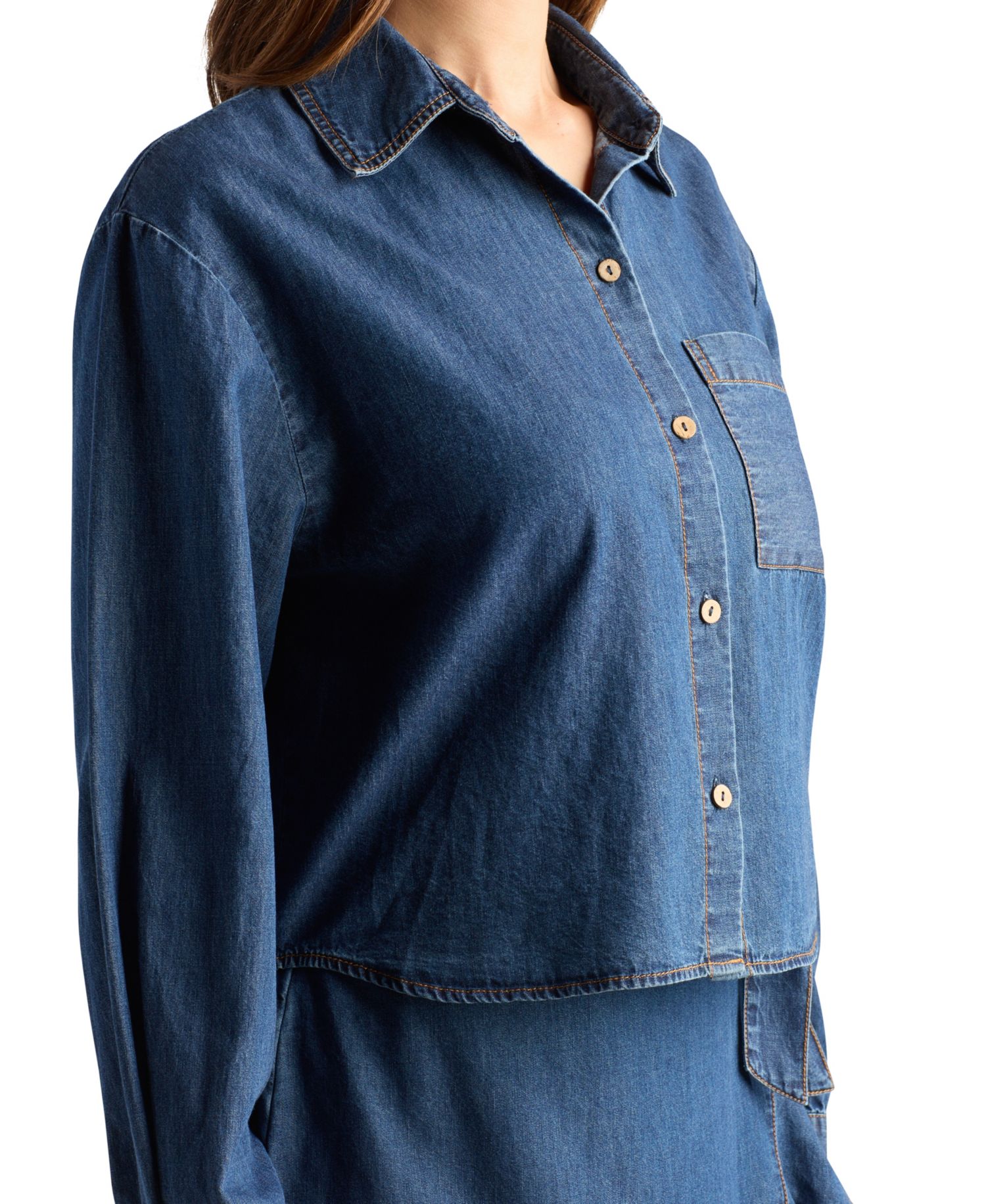 Women's Denim Long-Sleeve Collared Crop Top
