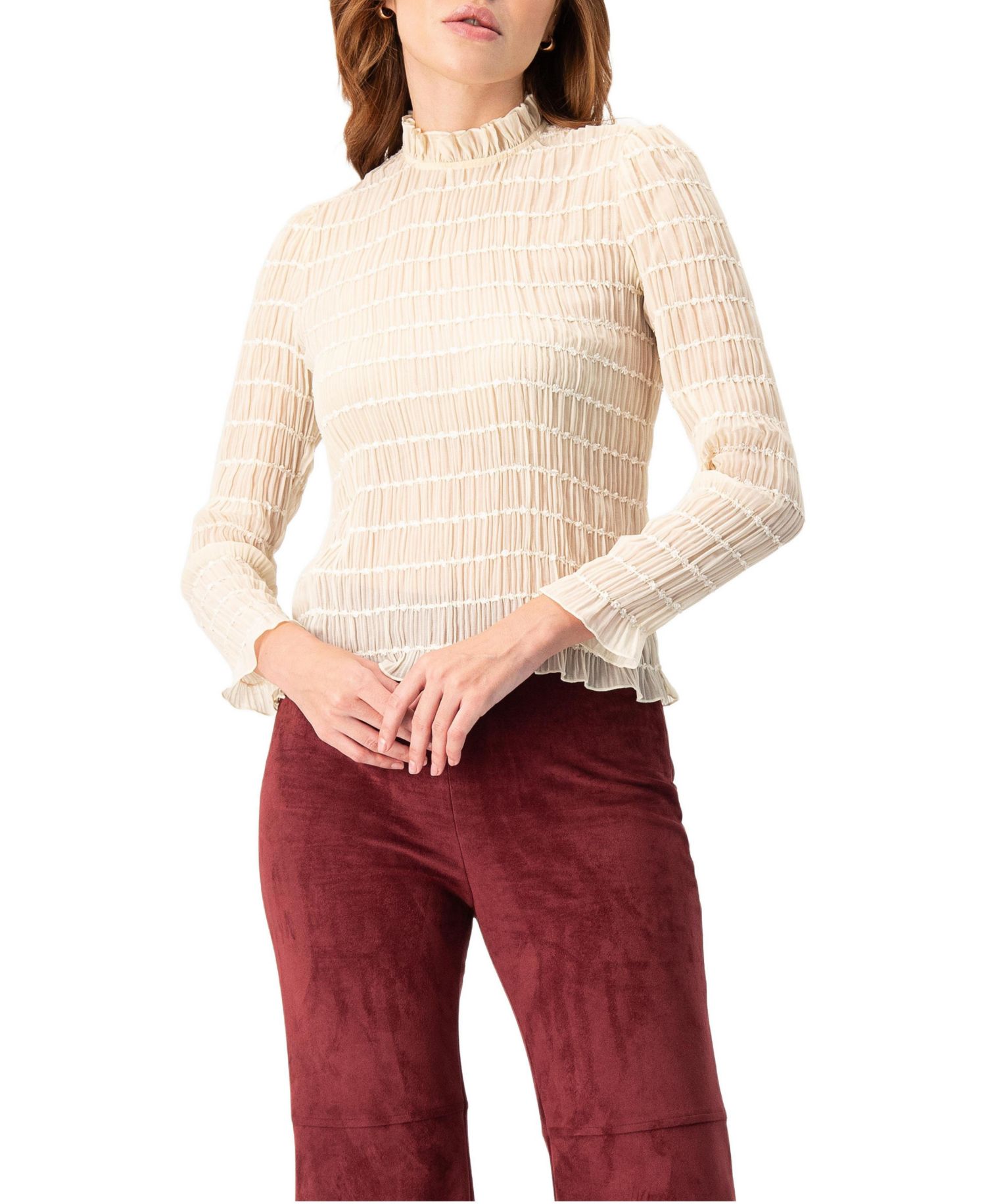 Women's Textured Long Sleeve Blouse with High Neck