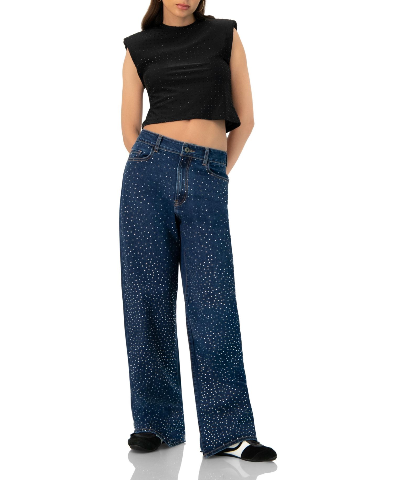 Women's Padded-Shoulder Cropped Rhinestone Top